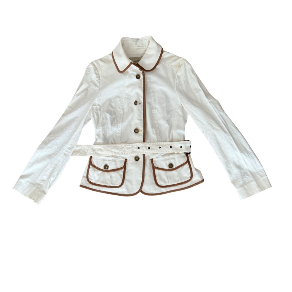 Burberry Faversham Ivory Brown Trim Cotton Blend Belted Jacket UL